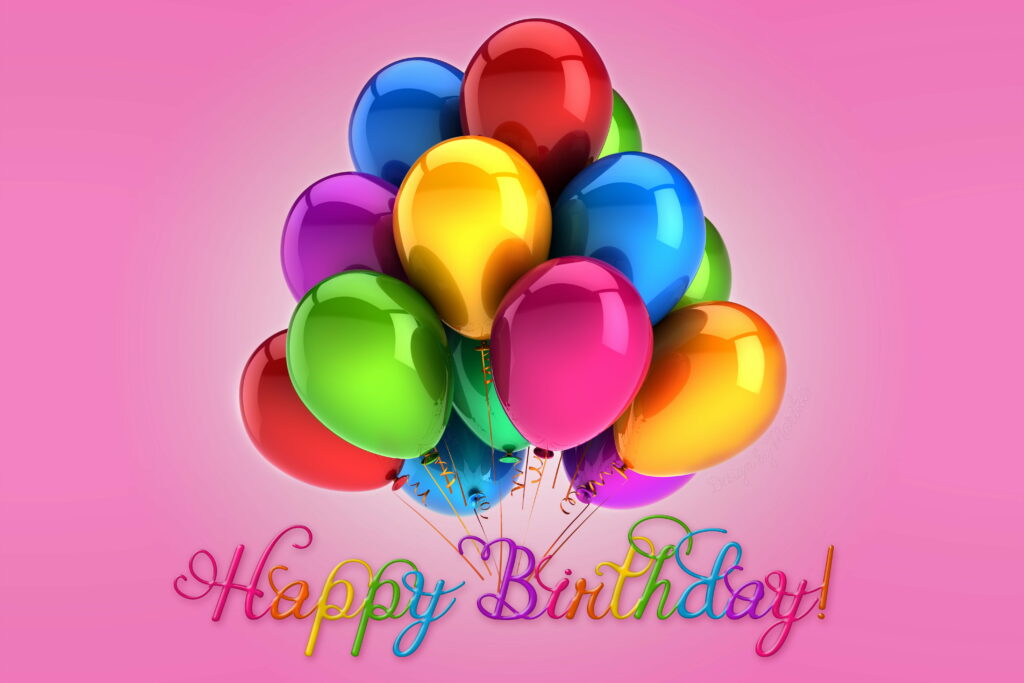 Vibrant 3D multicolored balloons floating on soft pink background with Happy Birthday text overlay Wallpaper