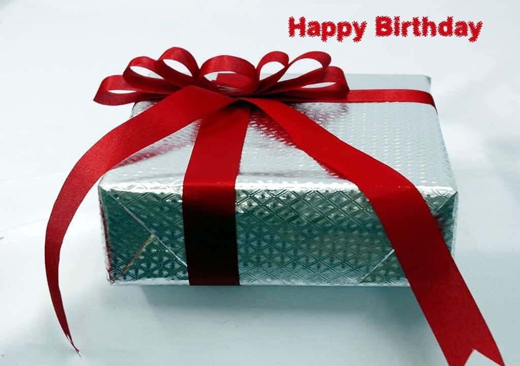 Festive Gift Box Wallpaper with Happy Birthday Message & Silver Background