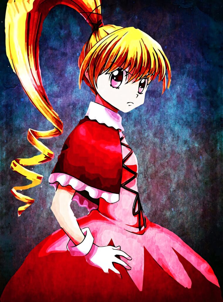 Biscuit Krueger in red dress with intense gaze and strong posture showing power wallpaper