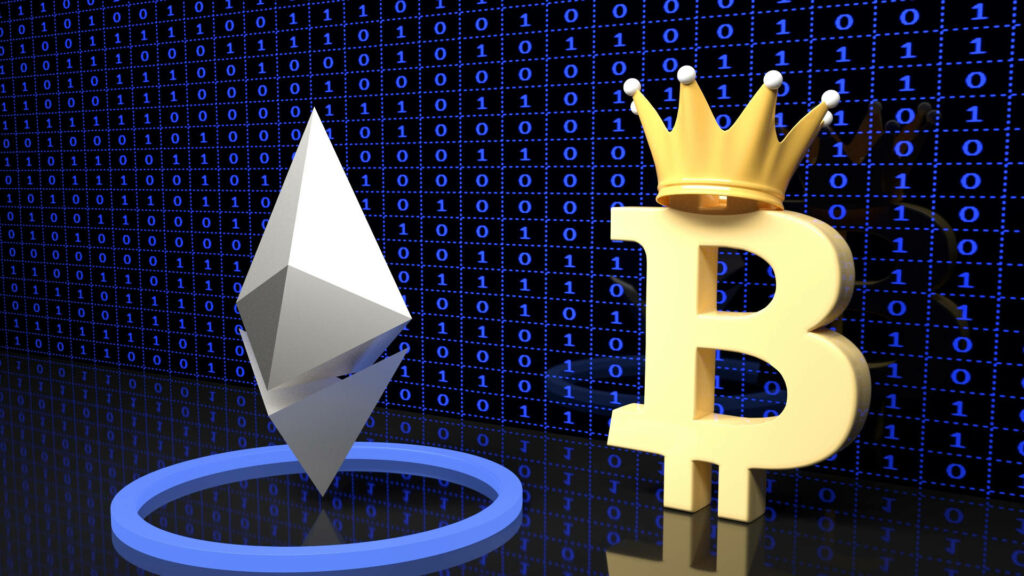 Ethereum and Bitcoin 3D logos on binary code background with crowned Bitcoin symbol dominance Wallpaper