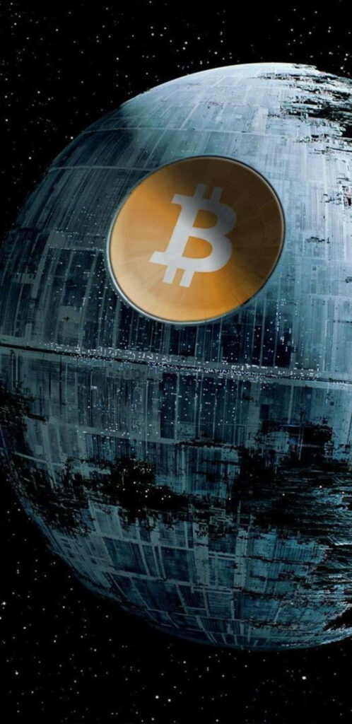 Massive Death Star space station with prominent Bitcoin logo in outer space background wallpaper