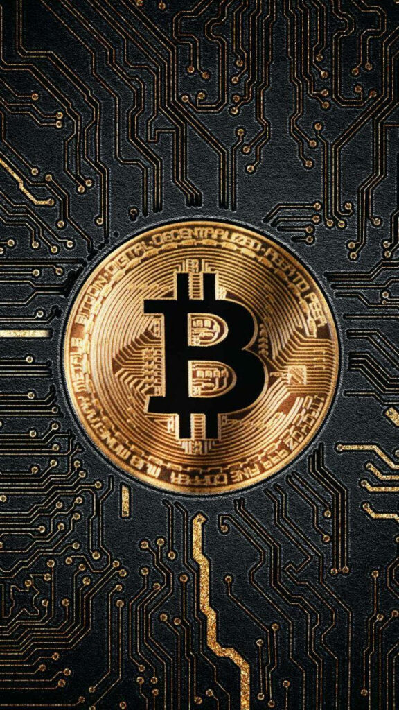 Bitcoin emblem on dark gold motherboard representing cryptocurrency and advanced technology background Wallpaper