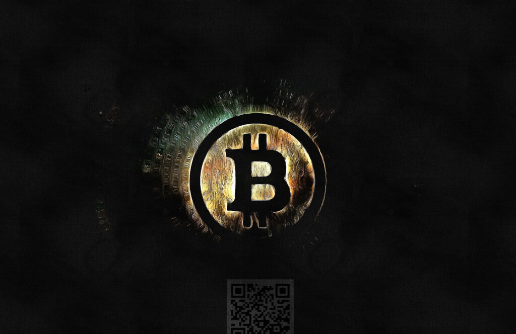 4K desktop wallpaper with iconic Bitcoin logo on textured black metallic digital background