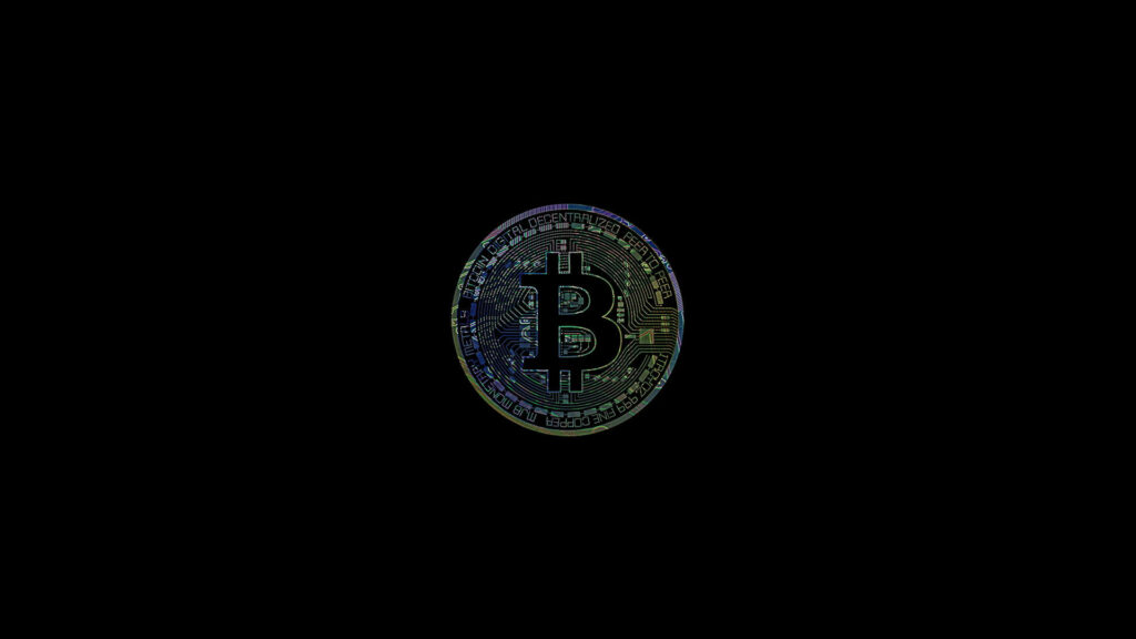 Bitcoin coin with glowing blue circuitry on black digital tech wallpaper background