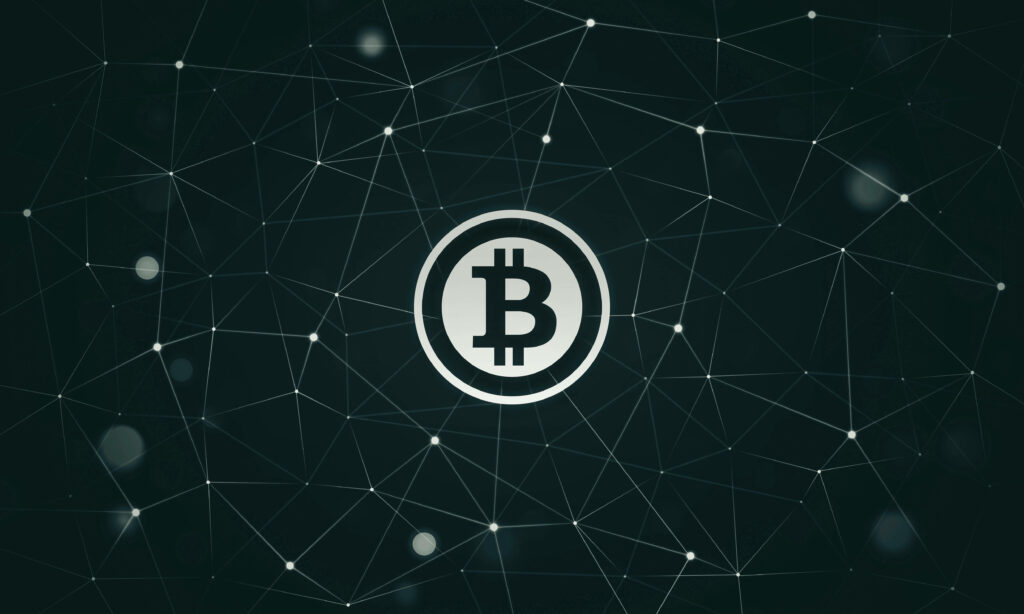 Bitcoin symbol digital wallpaper with blockchain network lines and crypto connections background