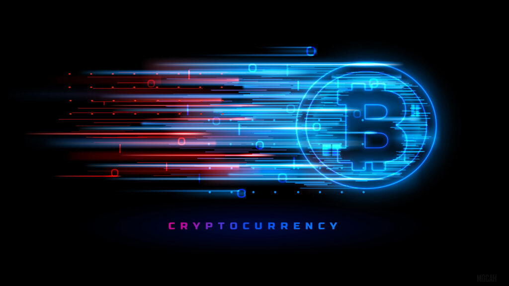 Bitcoin logo with vibrant speed motion graphics symbolizing fast-paced cryptocurrency world wallpaper