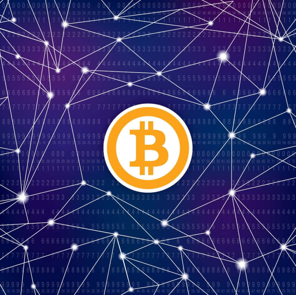 Bitcoin symbol digital wallpaper with glowing network lines and binary code background