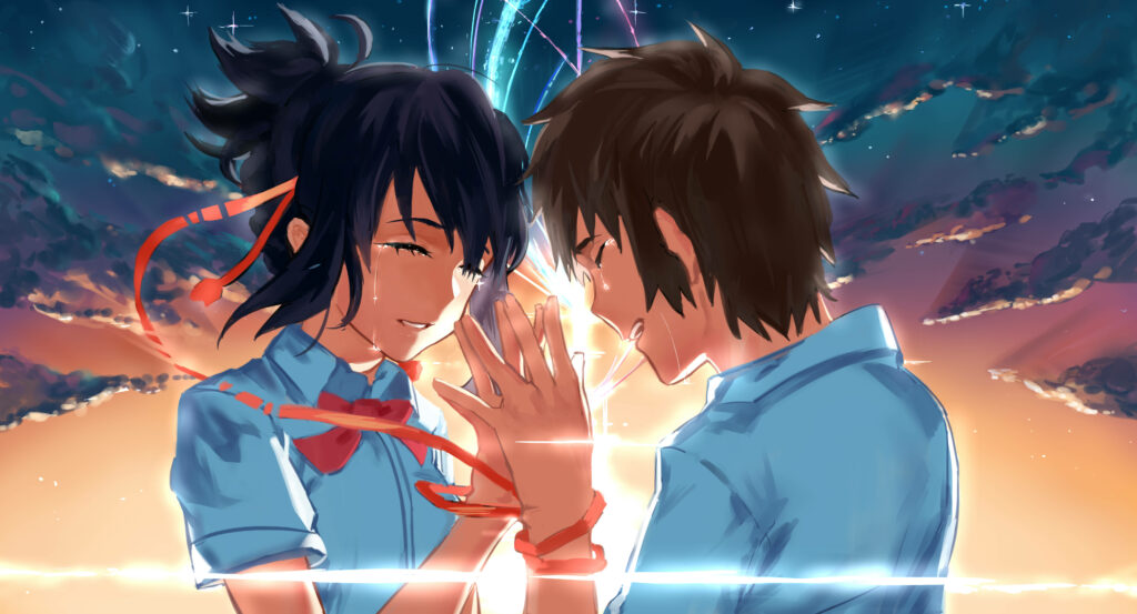 Bonded by Fate: Taki and Mitsuha's Tearful Union in Captivating Your Name 4k Art Wallpaper
