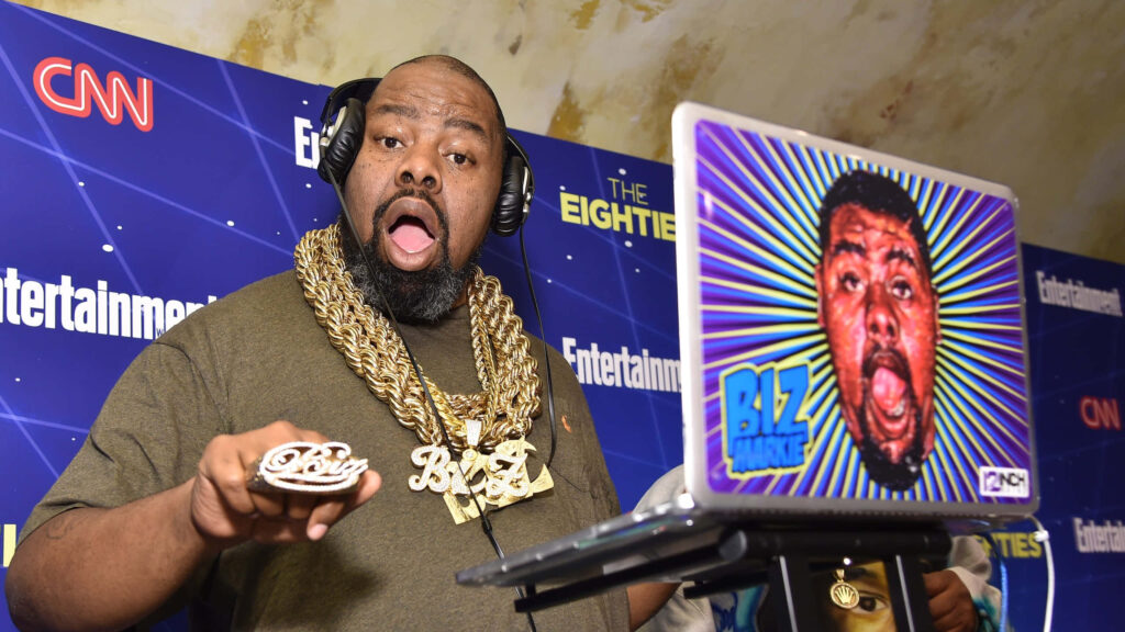 Biz Markie DJing with gold chains headphones vibrant laptop sticker animated portrait wallpaper
