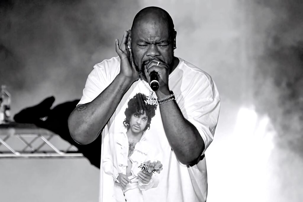 Biz Markie performing live on stage wearing graphic t-shirt holding microphone energetic concert Wallpaper