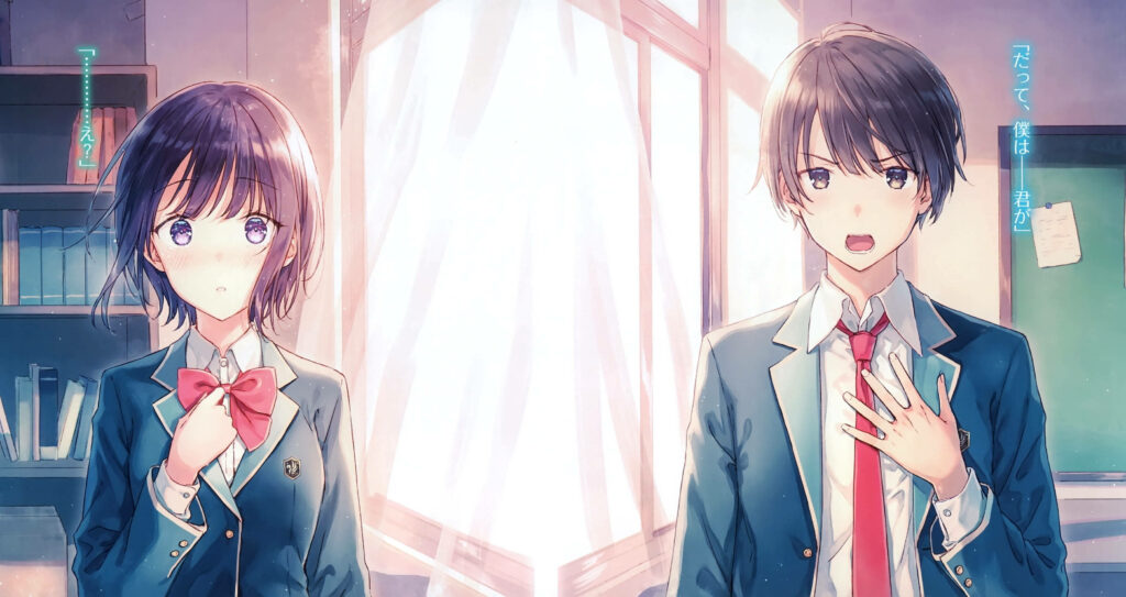 Blushing in the Classroom: A Bizarre Love Triangle Aesthetic Anime Wallpaper of Minase Akiha and Yano Shiki