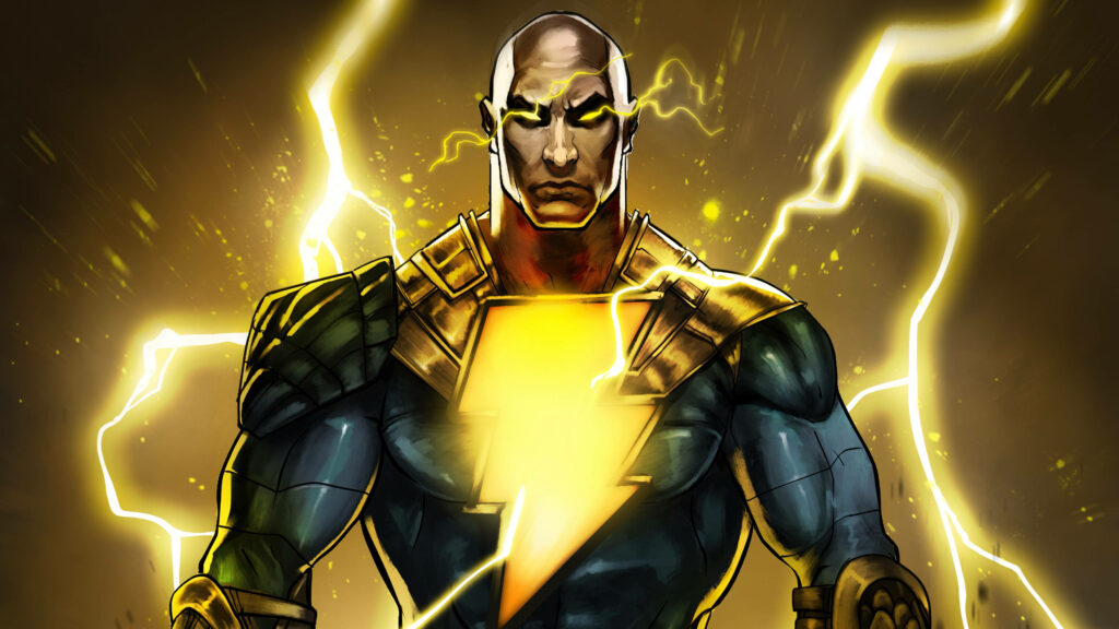 Black Adam comic book wallpaper with glowing lightning and radiant yellow energy chest emblem