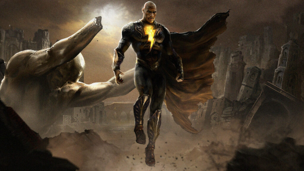 Black Adam hovering over ancient ruins lightning glowing from chest cape billowing powerful wallpaper