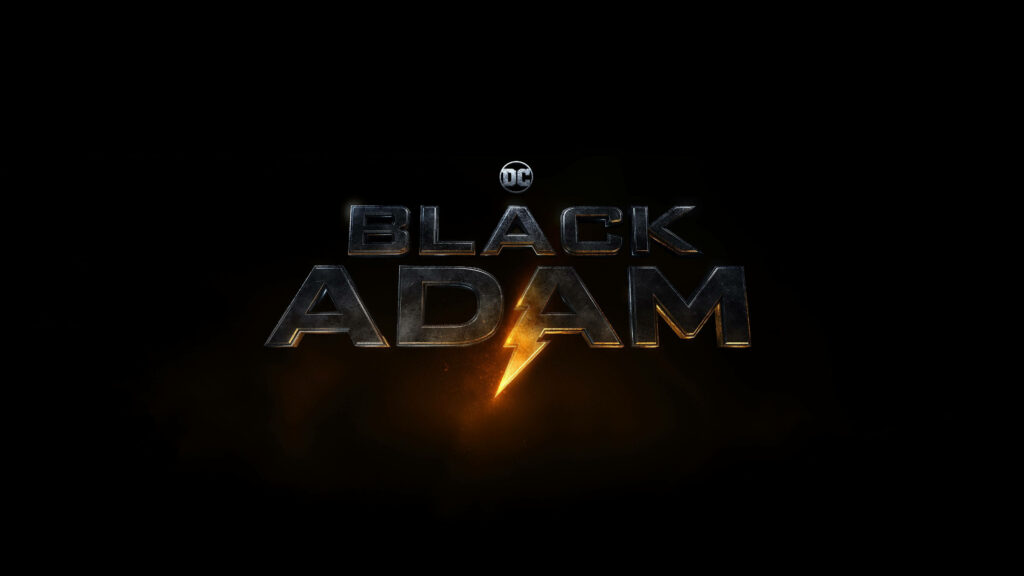 Black Adam logo with metallic letters and glowing gold lightning bolt on dark background wallpaper