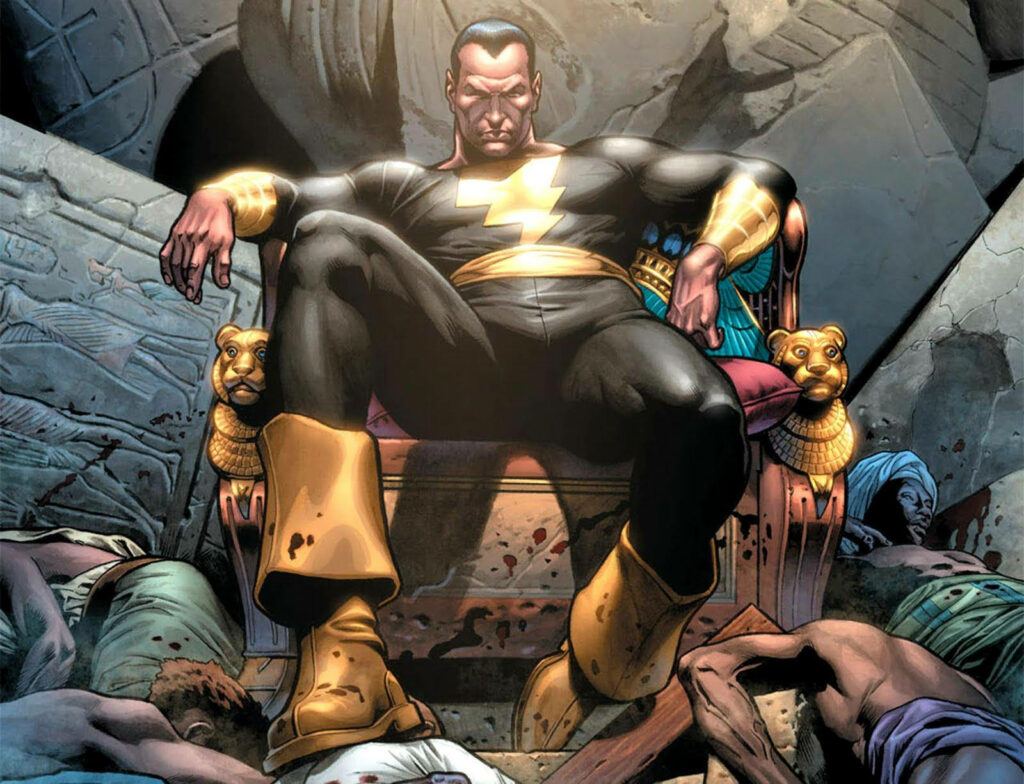 Black Adam seated on throne surrounded by ancient ruins powerful comic wallpaper background
