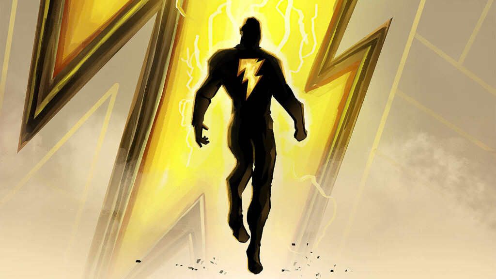 Black Adam silhouette with glowing emblem against vibrant yellow lightning wallpaper background