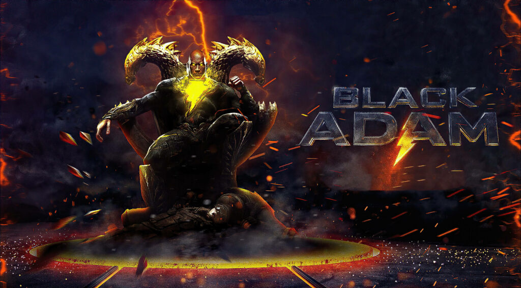 Black Adam wallpaper with Dwayne Johnson on volcanic throne surrounded by lightning and lava