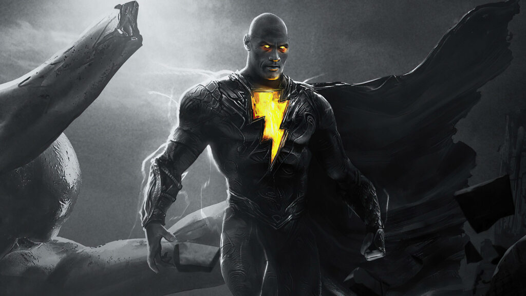 Black Adam with glowing lightning symbol and intense yellow eyes in dark dramatic background Wallpaper