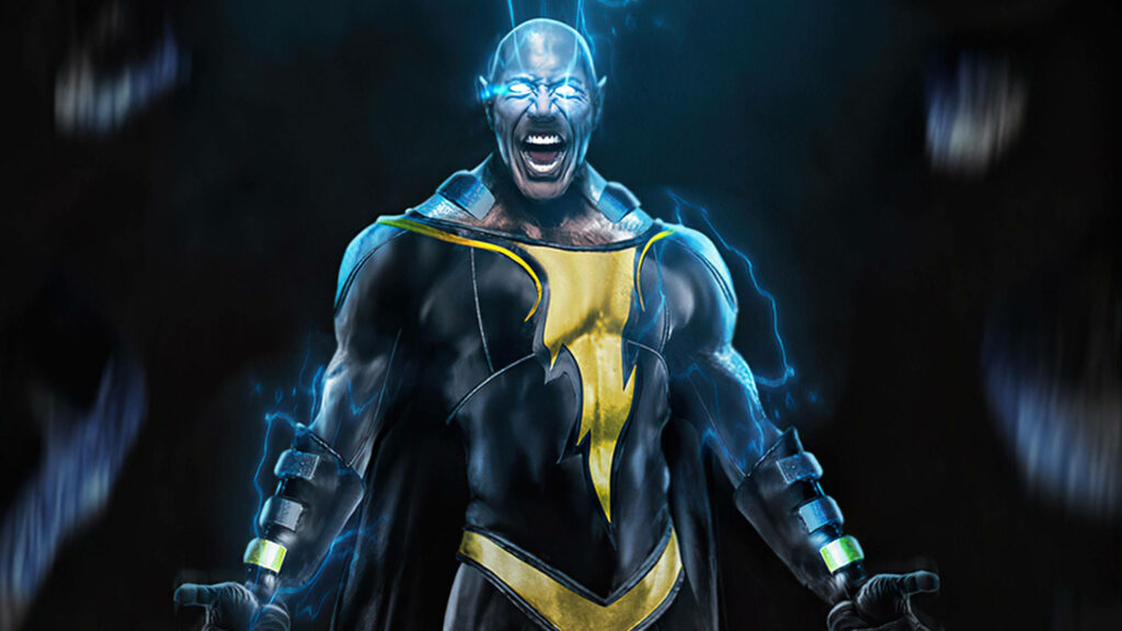 Black Adam with blue lightning crackling in dark background intense expression bold costume wallpaper