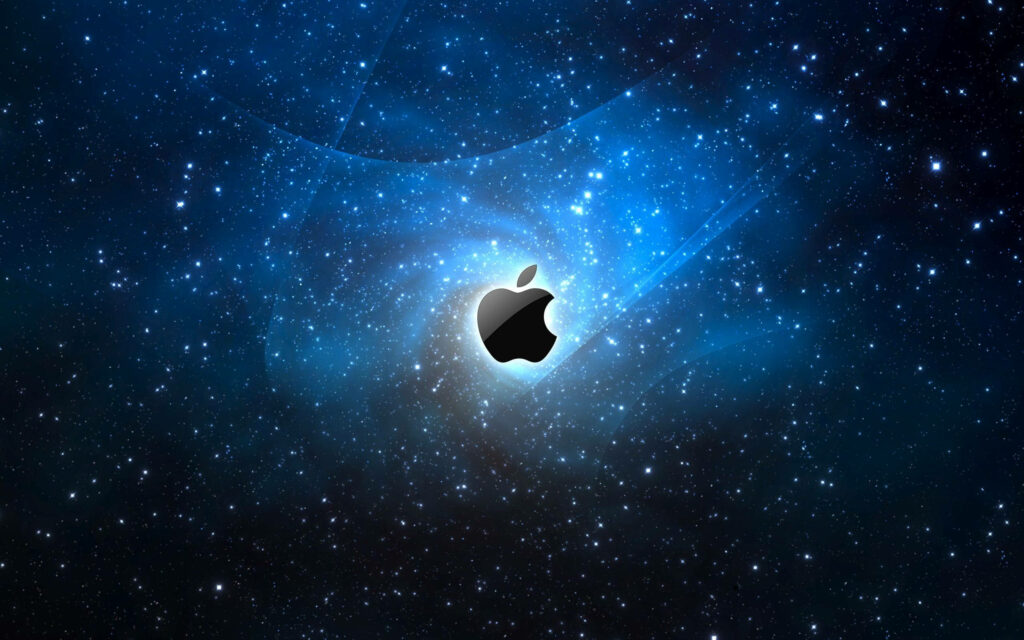 A Stunning Black Apple Logo Shimmers Through a Blue Galaxy Background Wallpaper