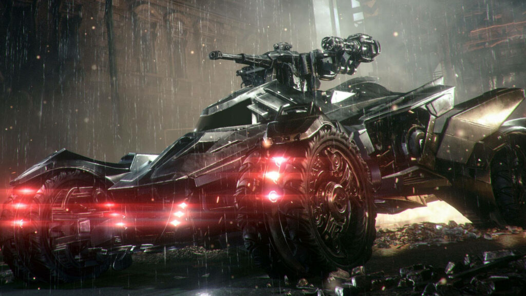 Dark Knight's Batmobile: Rain-Drenched Showdown Wallpaper