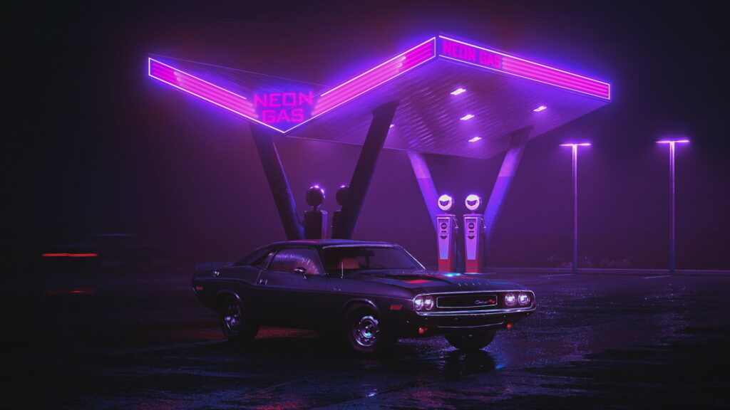 Fueling Up in Style: Black Dodge Challenger and Neon Gas Station Photo Wallpaper