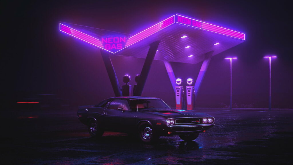 Black Dodge Challenger under purple neon lights at rain-soaked gas station retro-futuristic synthwave Wallpaper