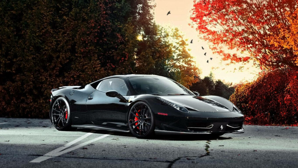 Roaring Power on the Asphalt: Captivating Portrait of the Jet-Black Ferrari 458 Surrounded by Majestic Trees Wallpaper