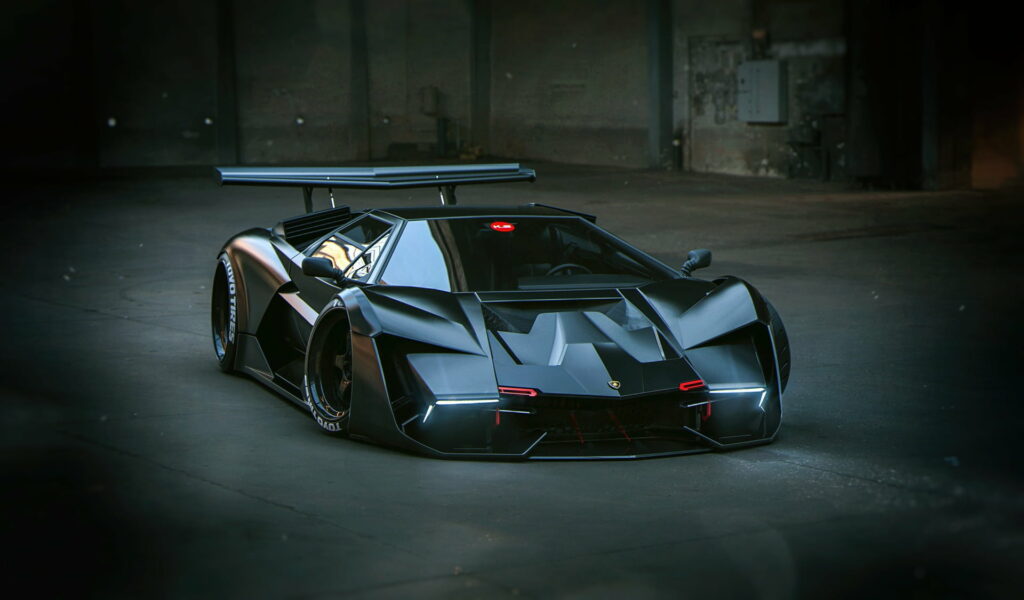 Matte black widebody Lamborghini Countach with red LED accents in moody industrial setting Wallpaper