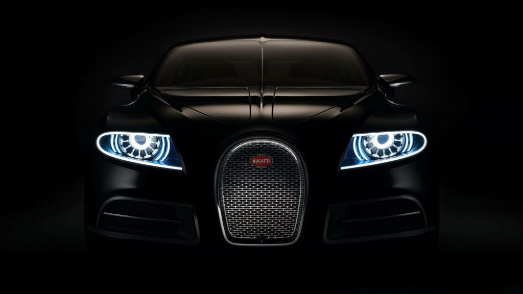 The Black Beauty: Stunning Frontal View of a Bugatti Car in Neat Wallpaper