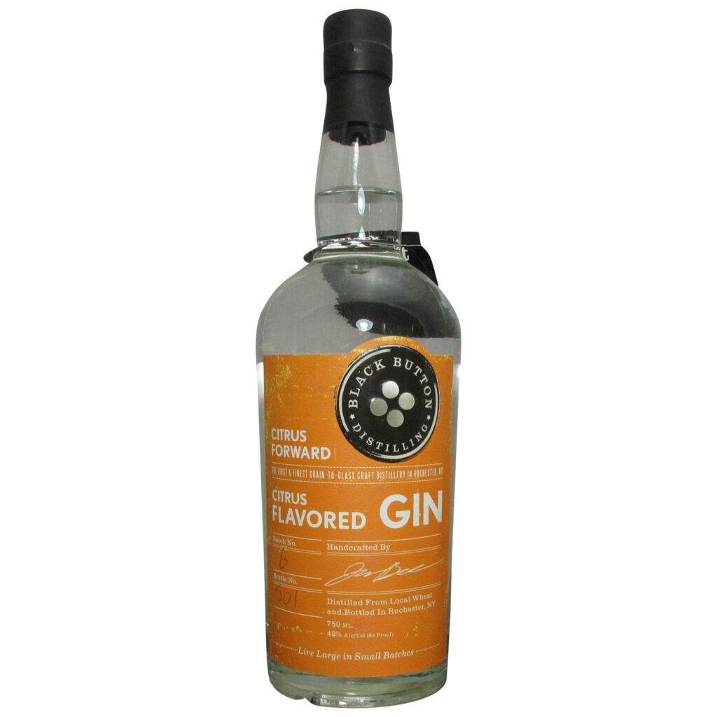 Black Button Distilling Citrus Flavored Gin bottle with detailed label and clear spirit inside wallpaper