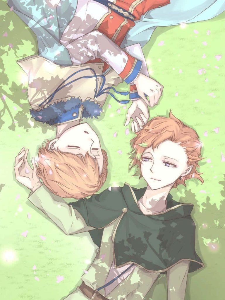 Finral and Langris from Black Clover relaxing on grass with warm sunlight and falling petals wallpaper
