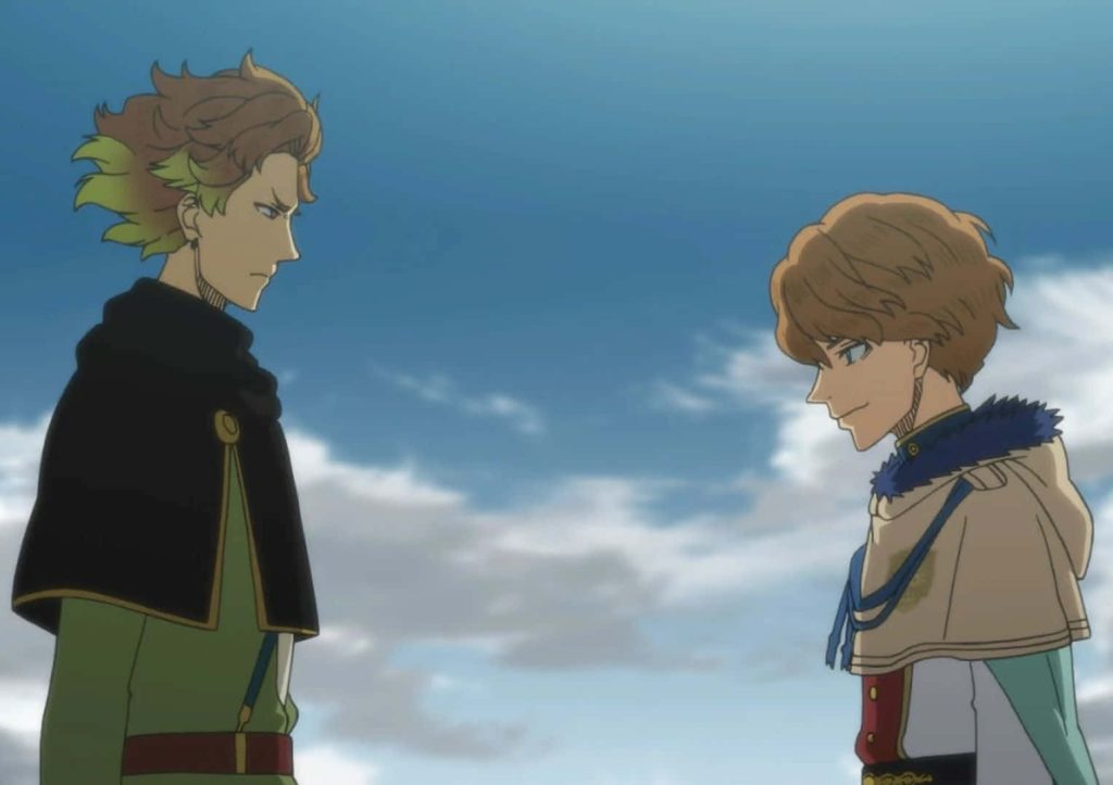 Black Clover anime wallpaper Langris Vaude and Finral Roulacase tense standoff blue sky background