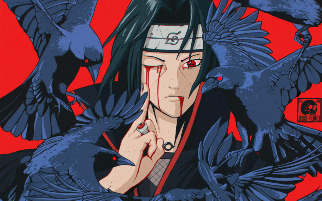Itachi Uchiha In The Heat Of Battle Surrounded By Black Crows Wallpaper