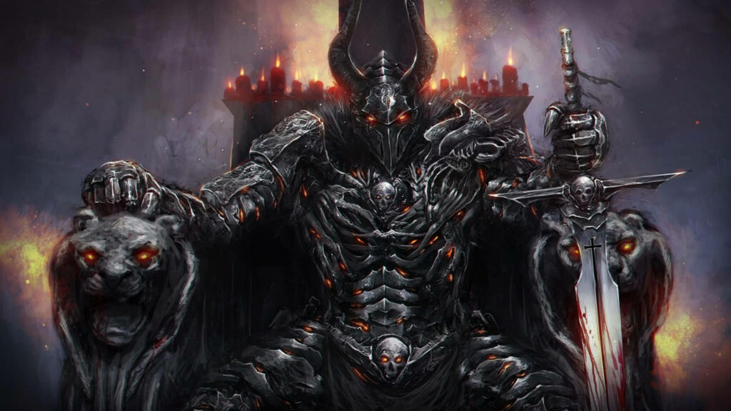 Sword-Wielding Monarch: The Majestic Black Devil on Its Throne Wallpaper