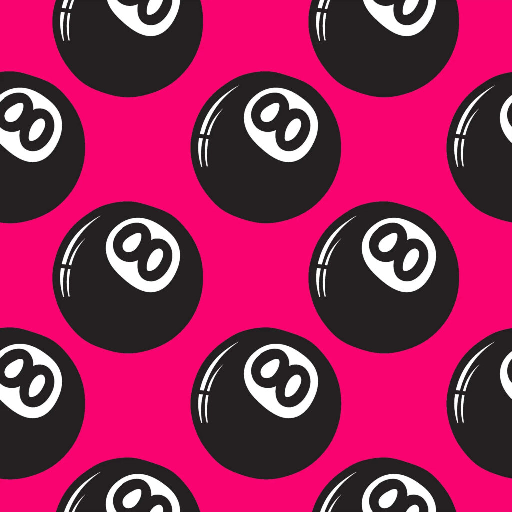 Vibrant eight-ball billiard wallpaper with bold hot pink background in modern pop art style