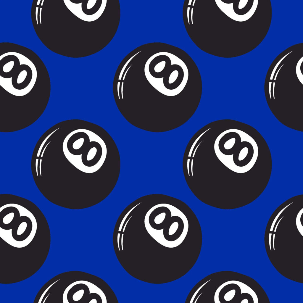 Pattern of black billiard eight balls with white numbers on vibrant blue wallpaper background