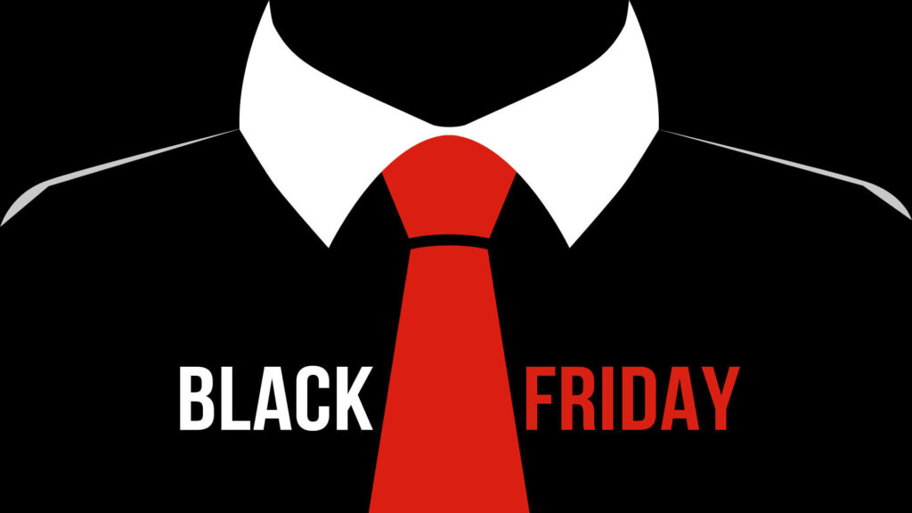 Bold Black Friday wallpaper with red necktie on suit symbolizing professional sales excitement