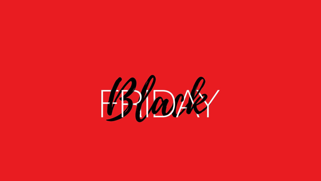 Bold Black Friday typography layered in black and white on vibrant red modern promotional wallpaper background