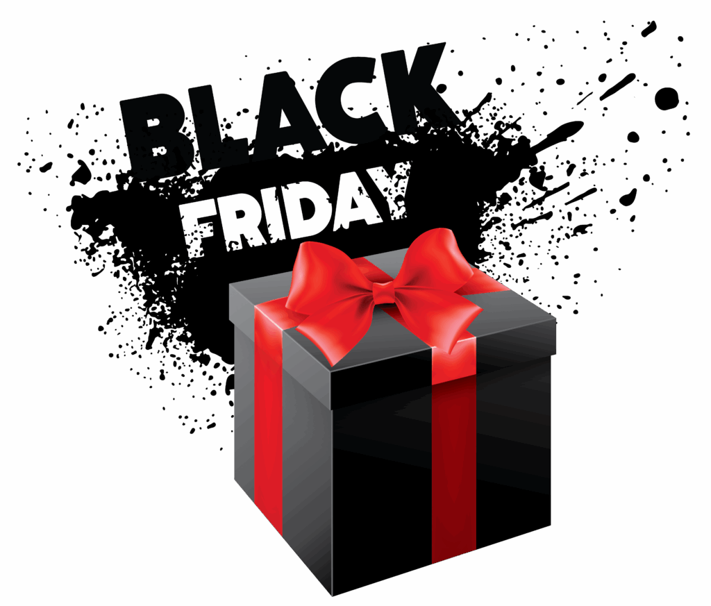 Black gift box with red bow under bold Black Friday text holiday deals wallpaper background