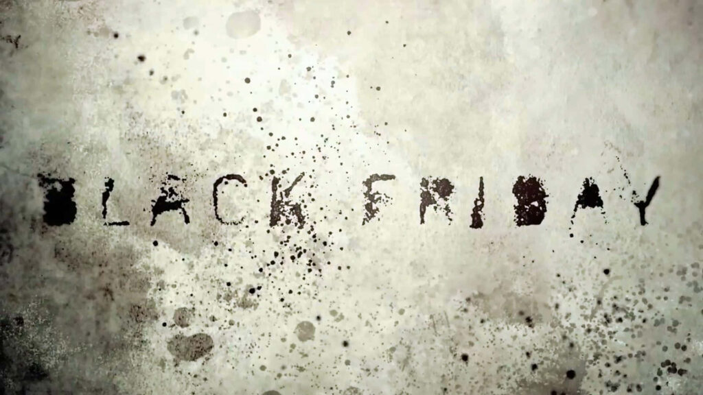Black Friday bold distressed font on textured gray background with grunge ink splatters wallpaper