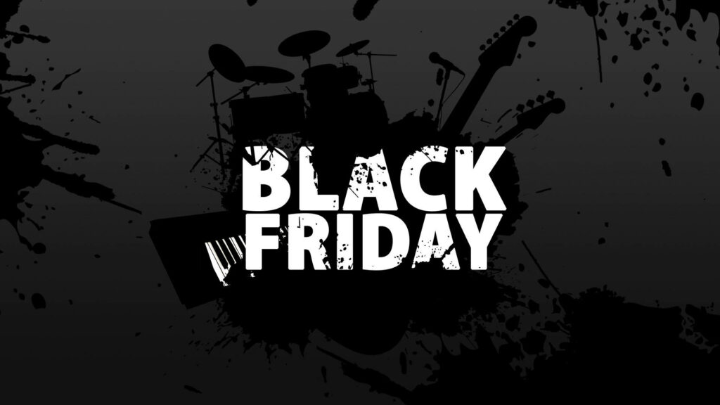 Black Friday grunge wallpaper with drums guitars keyboard silhouettes on dark splattered background