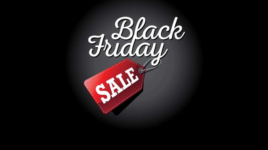 Black Friday Sale wallpaper with white script lettering and vibrant red tag on black background