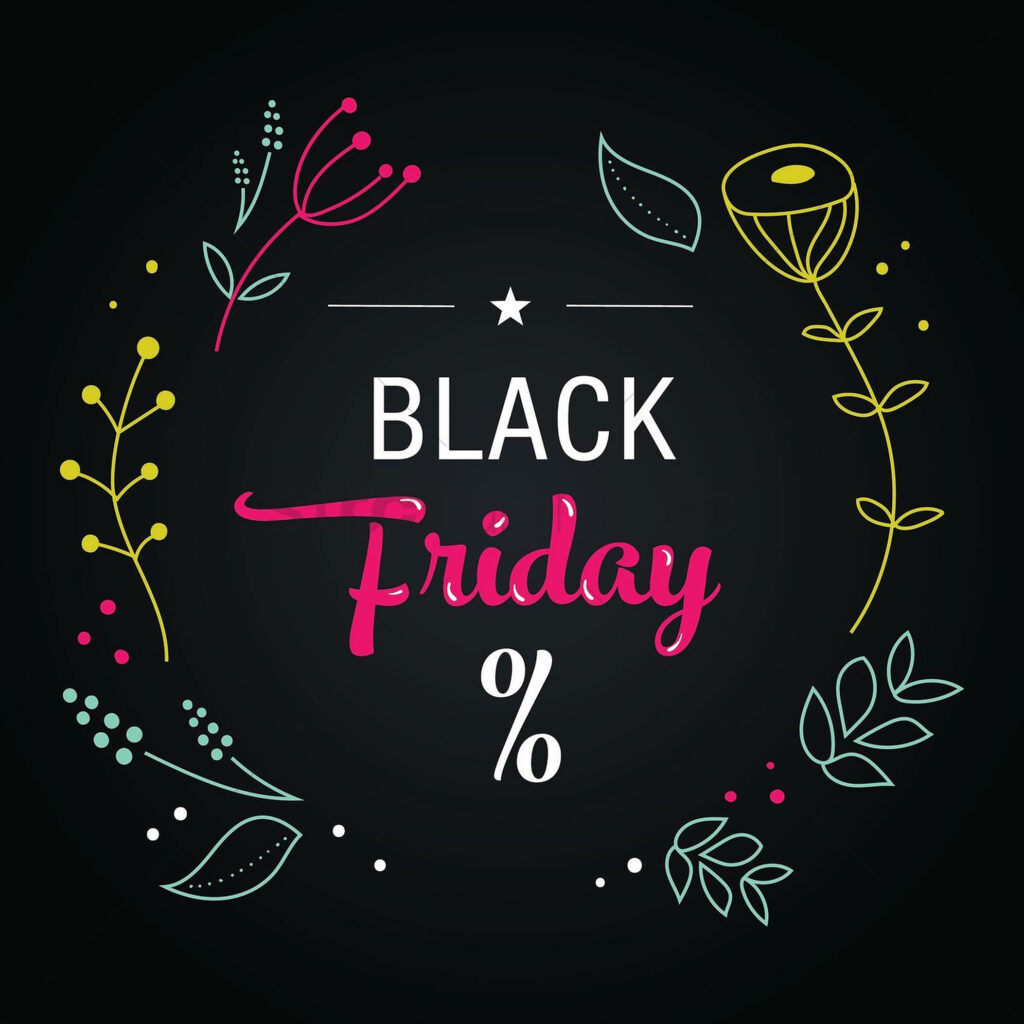 Black Friday wallpaper with bold typography percentage signs and colorful floral accents on dark background