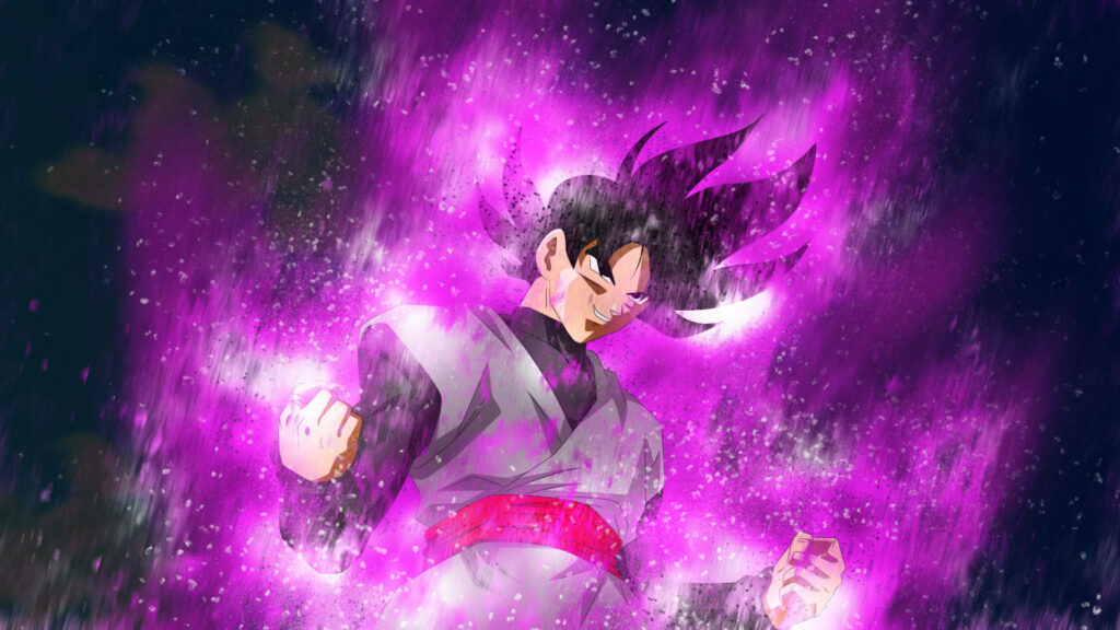 The Fiery Glare: A Vibrant Black Goku Wallpaper Embraced by Neon Pink Energy