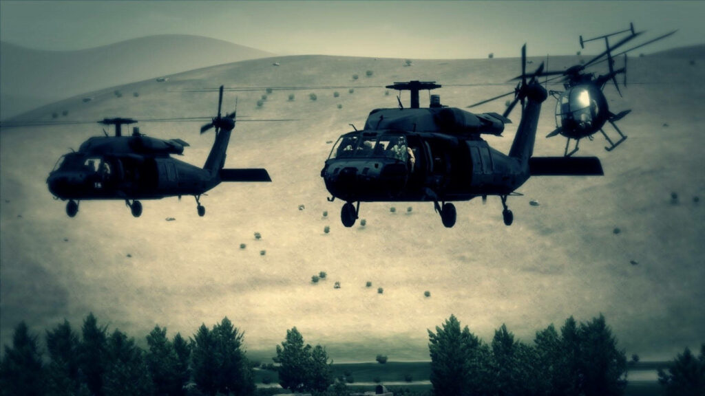 Black Hawk helicopters flying over rugged hills and sparse trees in dynamic military wallpaper