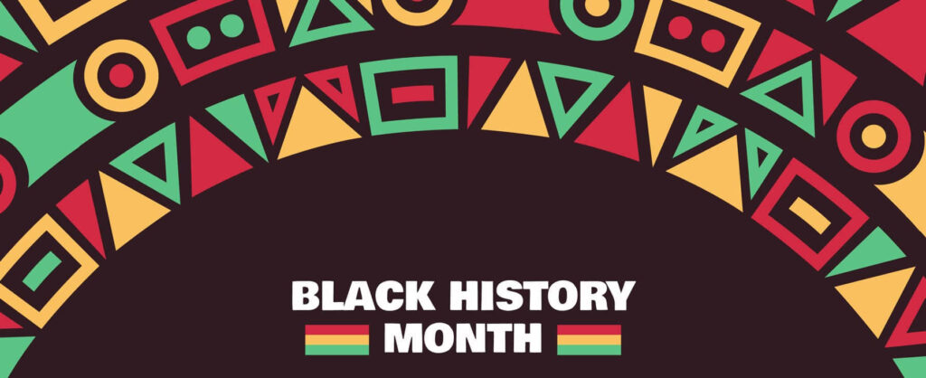 Black History Month banner with red yellow green geometric patterns symbolizing heritage unity Wallpaper