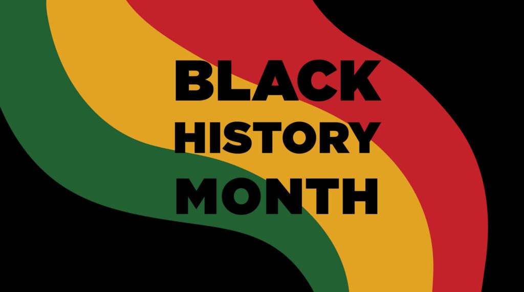 Black History Month banner with vibrant red yellow green waves on black background symbolizing unity Wallpaper