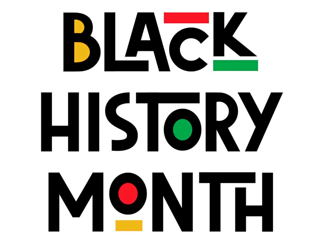 Black History Month wallpaper with bold black text and vibrant red yellow green cultural highlights