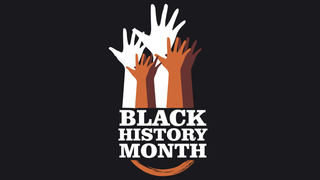 Vibrant wallpaper with diverse hands reaching up and bold Black History Month text background